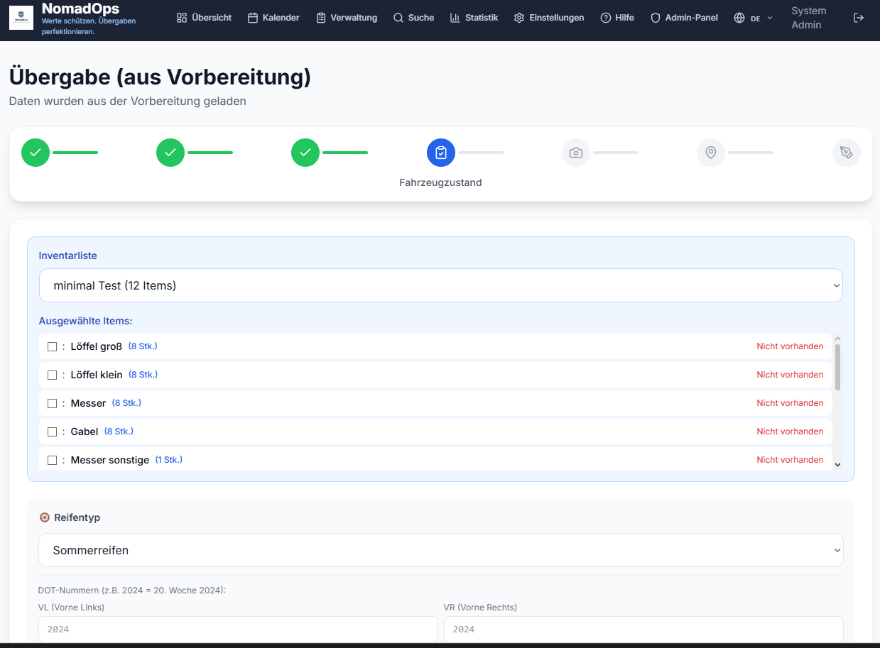 NomadOps Inventar-Check bei der Übergabe: Fehlende Items werden rot markiert