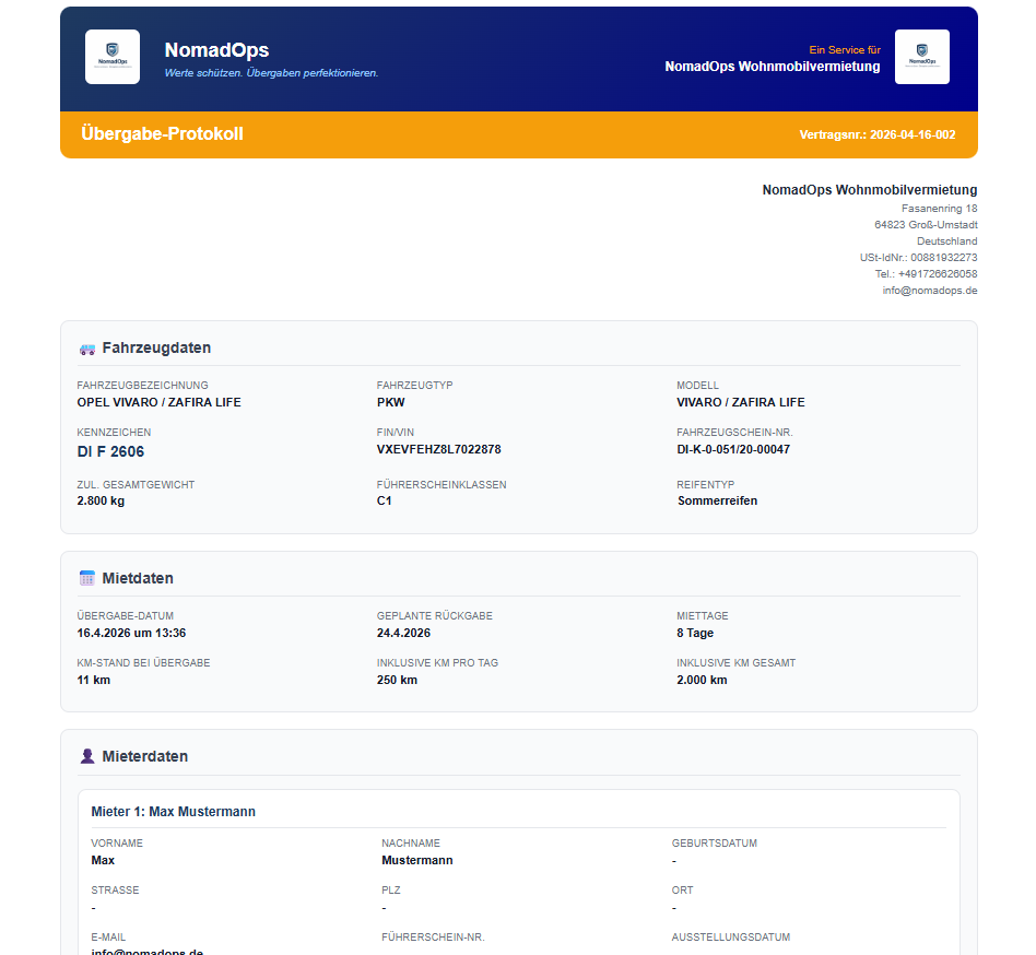 NomadOps PDF-Protokoll: Professionelles Übergabeprotokoll mit Fahrzeugdaten und Mieterdaten