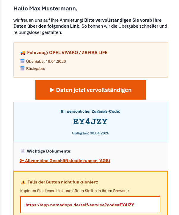 NomadOps Self-Service E-Mail: Personalisierter Link für Mieter ohne App-Download