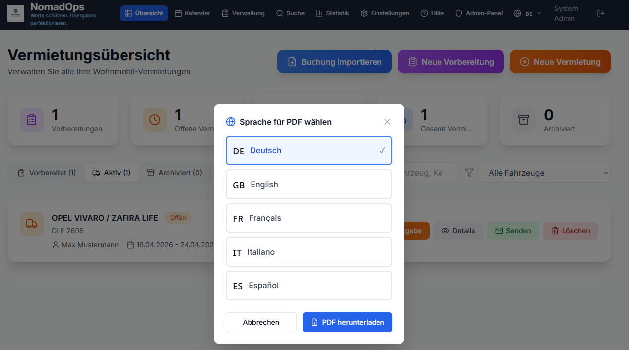 NomadOps Sprachauswahl: PDF-Protokoll in 5 Sprachen generieren