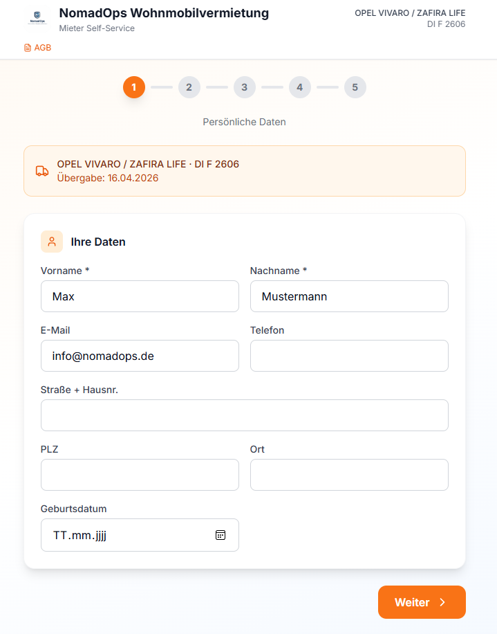 NomadOps 5-Schritte-Wizard: Geführter Prozess für Mieter bis zur Unterschrift
